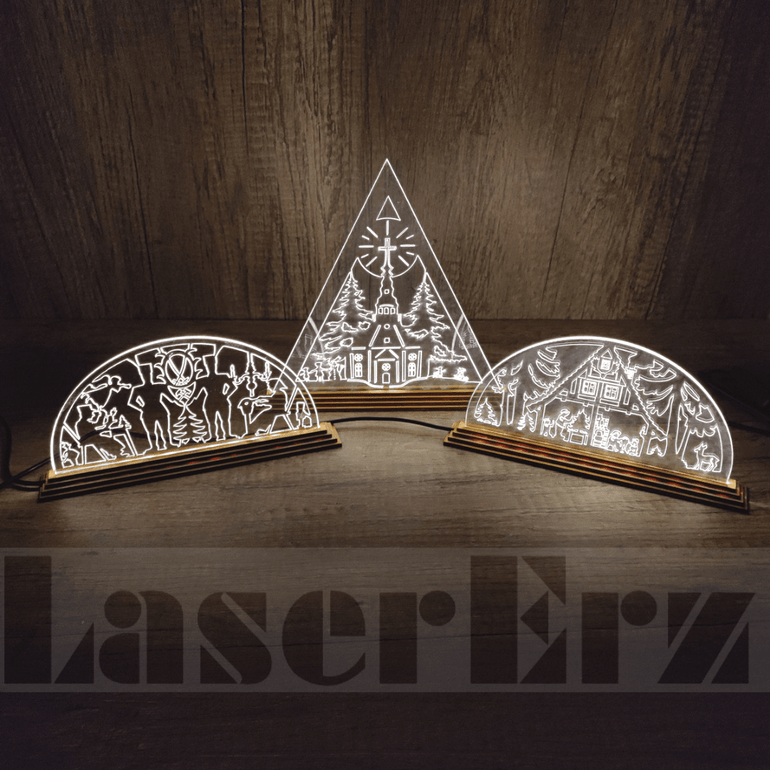 Schwibbogen Weihnachts Dekoration verschiedene Motive (Waldhaus, Seiffener Kirche, Berg-Männer Erzgebirge) LED - LaserErz