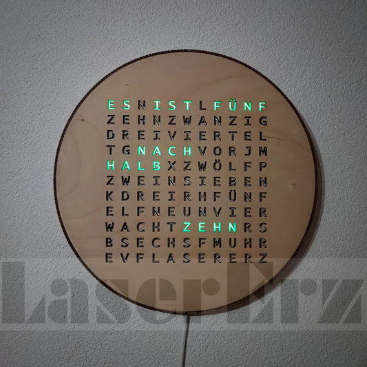 Wort-Uhr "smart" mehr farbige LEDs mit WiFi / Wordclock (Birke) - LaserErz
