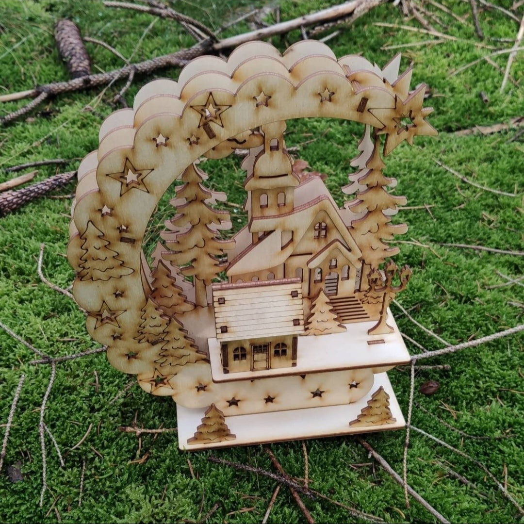 Schwibbogen Kirche mit Haus 3D+Licht (LED) Weihnachtsdekoration - LaserErz