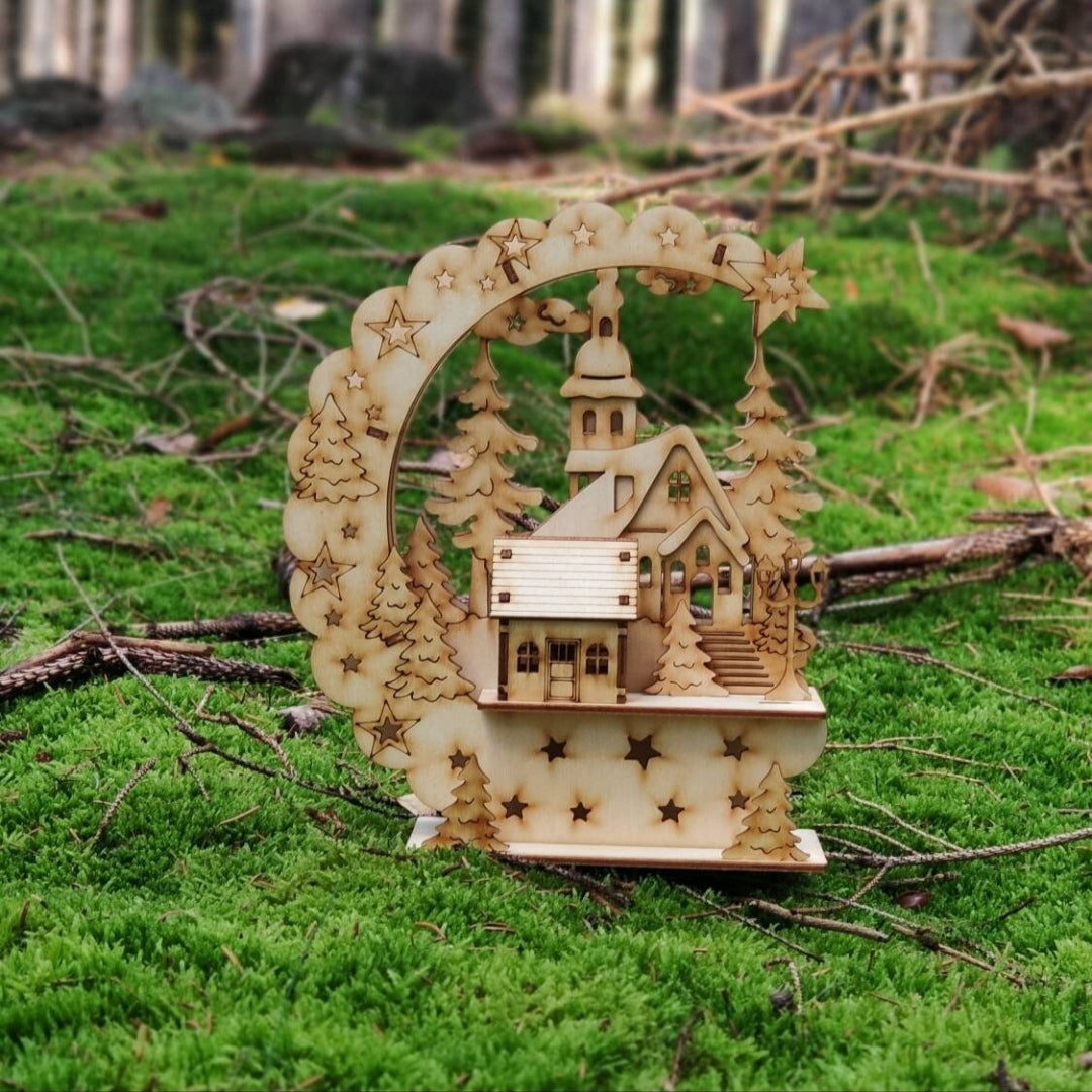 Schwibbogen Kirche mit Haus 3D+Licht (LED) Weihnachtsdekoration - LaserErz