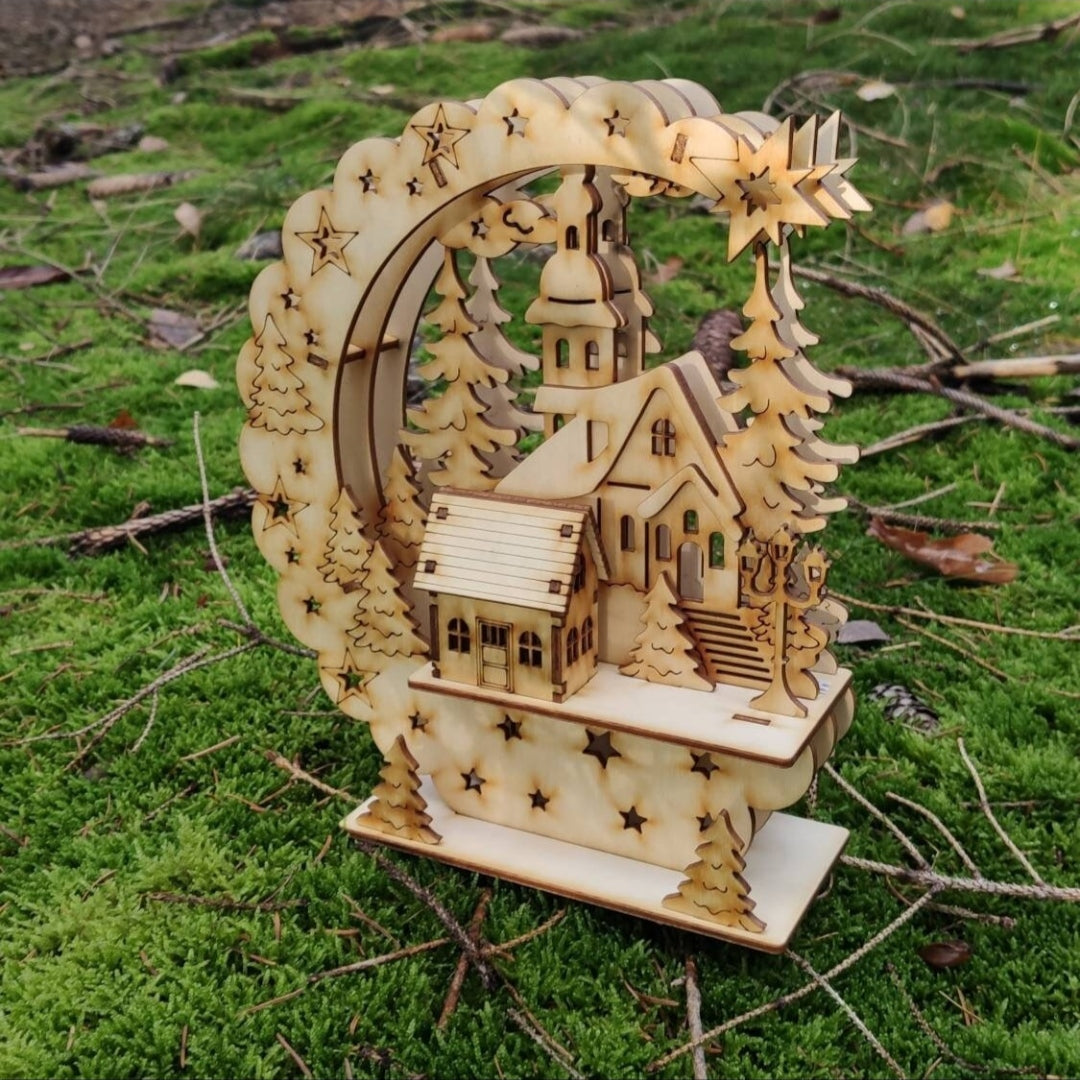 Schwibbogen Kirche mit Haus 3D+Licht (LED) Weihnachtsdekoration - LaserErz