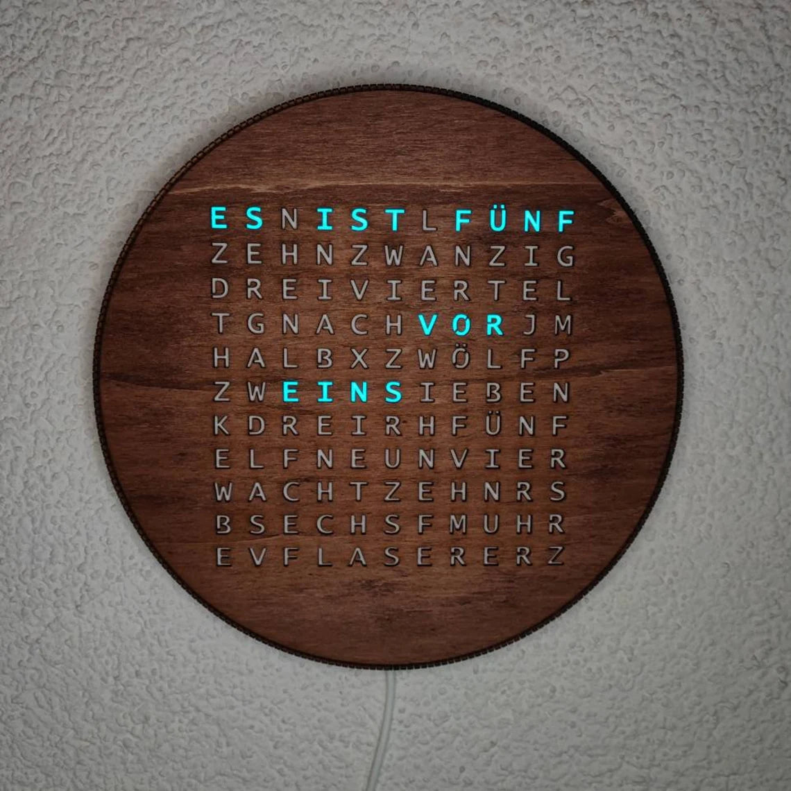 Wort-Uhr "smart" mehr farbige LEDs mit WiFi / Wordclock (Teak) - LaserErz