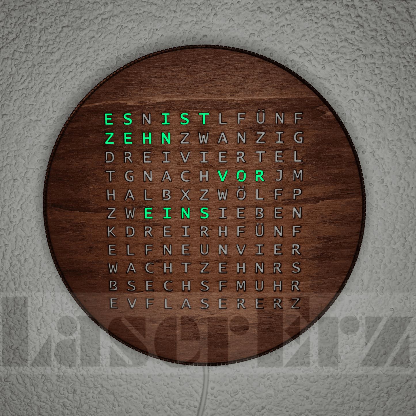 Wort-Uhr "smart" mehr farbige LEDs mit WiFi / Wordclock (Teak) - LaserErz