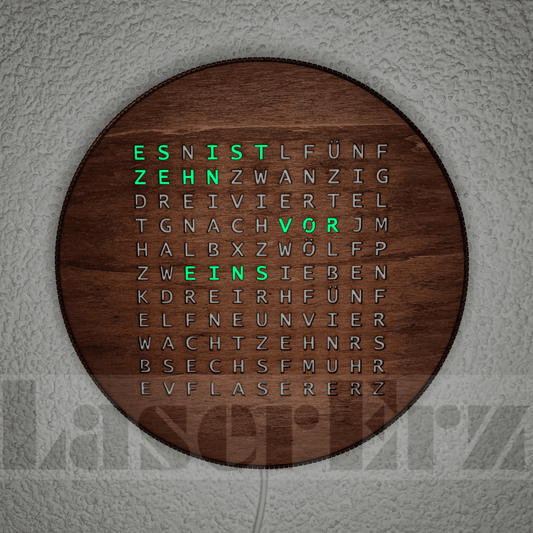 Wort-Uhr "smart" mehr farbige LEDs mit WiFi / Wordclock (Teak) - LaserErz