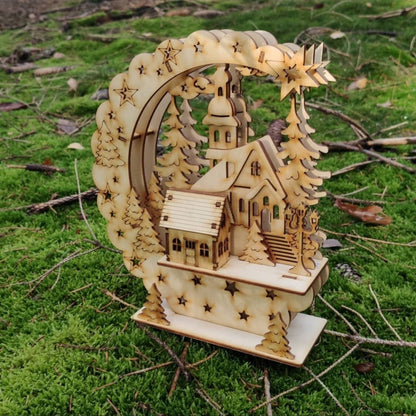 Schwibbogen Kirche mit Haus 3D+Licht (LED) Weihnachtsdekoration - LaserErz 