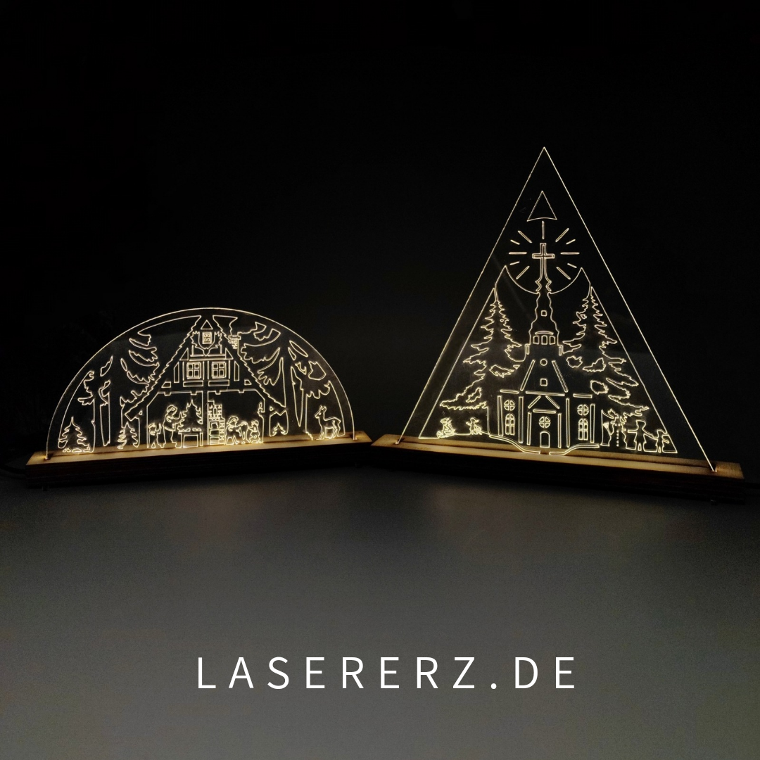 Schwibbogen Motiv Waldhaus oder Seiffener Kirche (Weihnachts Dekoration, Erzgebirge, LED mit Dimmer)