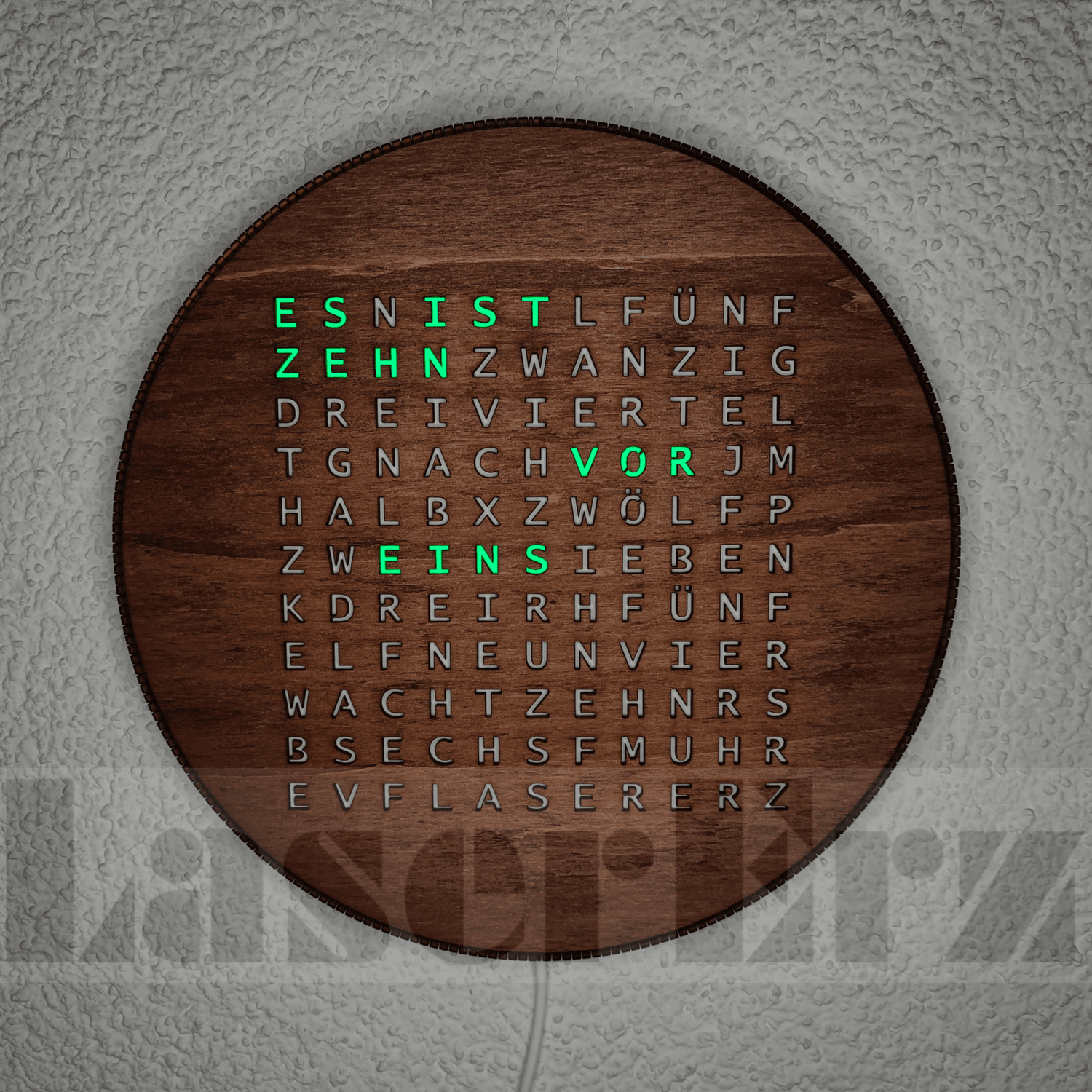 Wort-Uhr "smart" mehr farbige LEDs mit WiFi / Wordclock (Teak) - LaserErz 