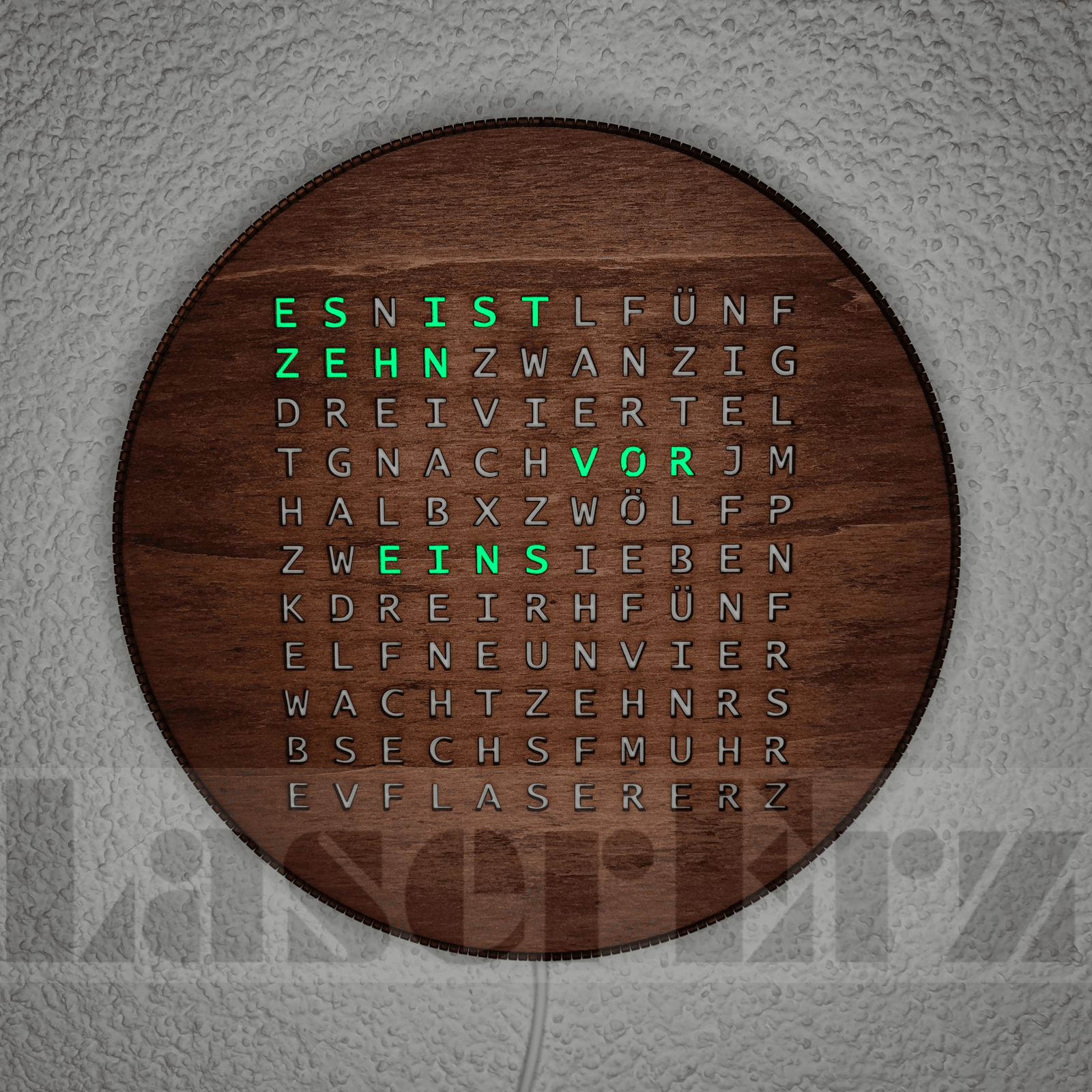 Wort-Uhr "smart" mehr farbige LEDs mit WiFi / Wordclock (Teak) - LaserErz 